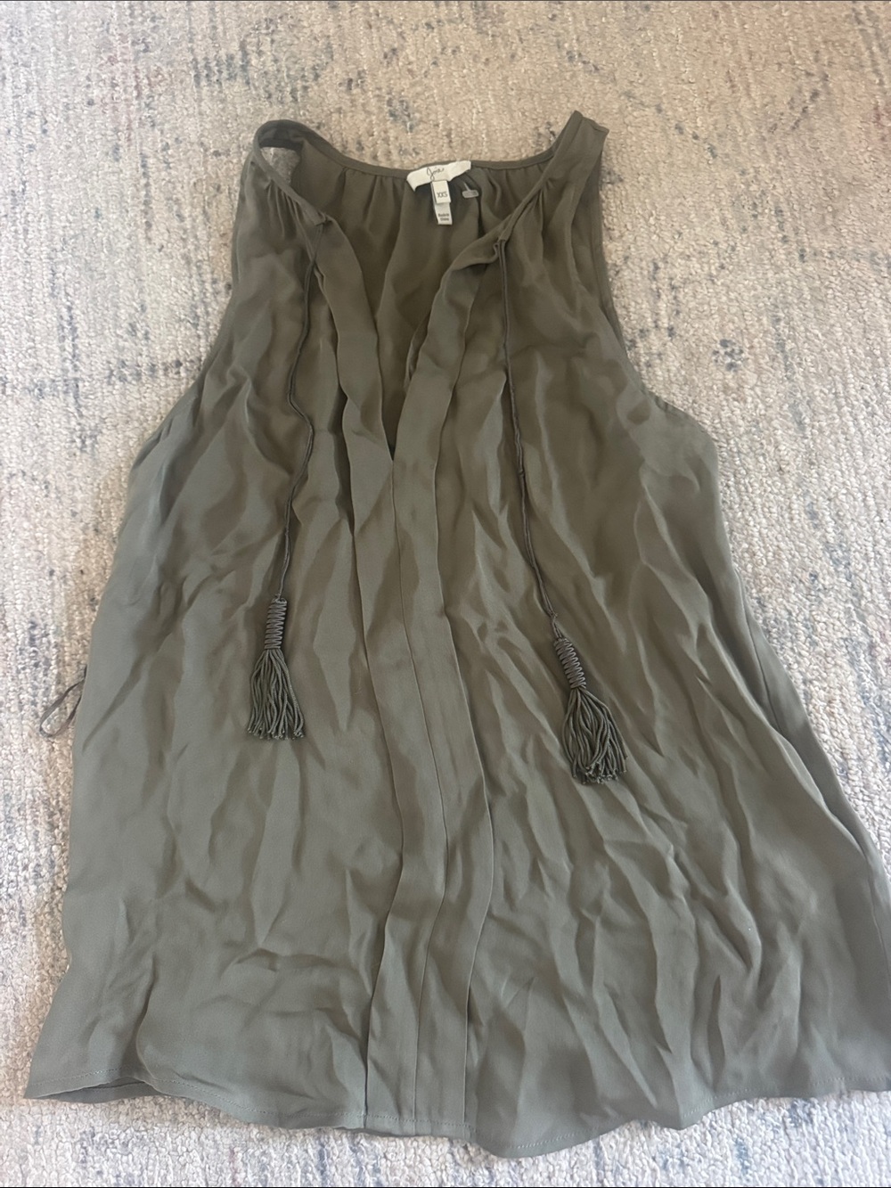 Joie Olive Green Sleeveless Tassel V-Neck Blouse
